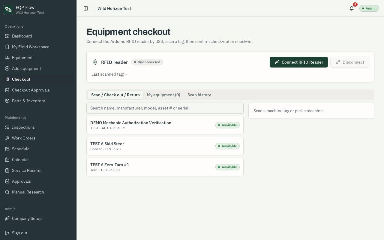 Checkout — scan or search to check equipment in and out