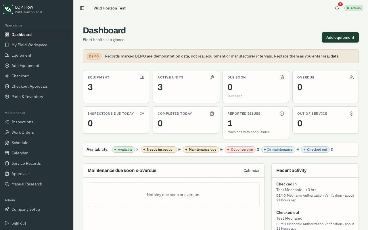Dashboard — fleet status, due services, and open work at a glance